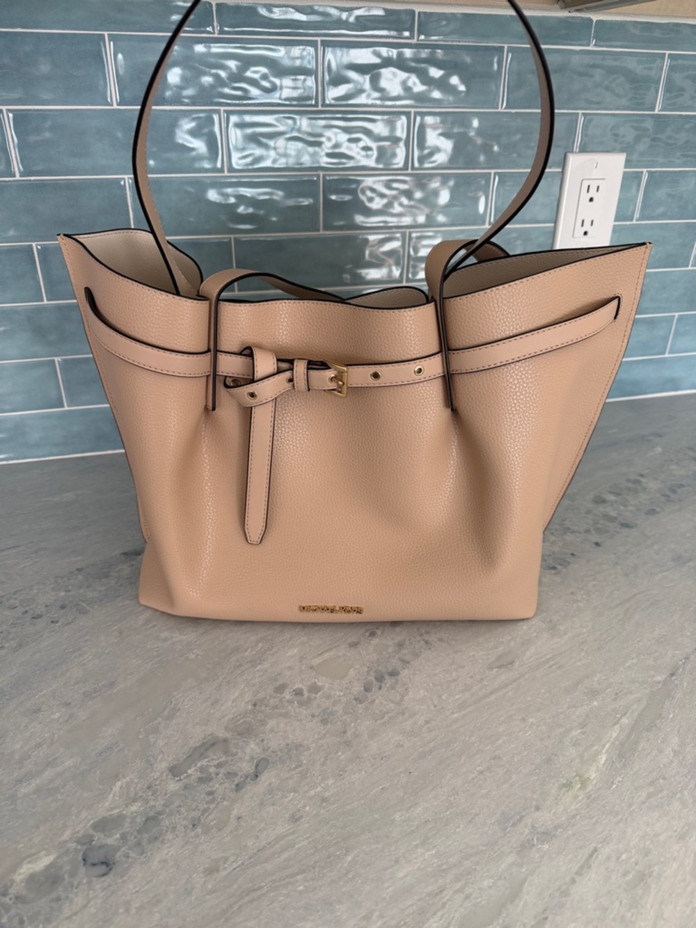 Michael Kors Blush Beige Pebble Leather Tote with Belt Accent
